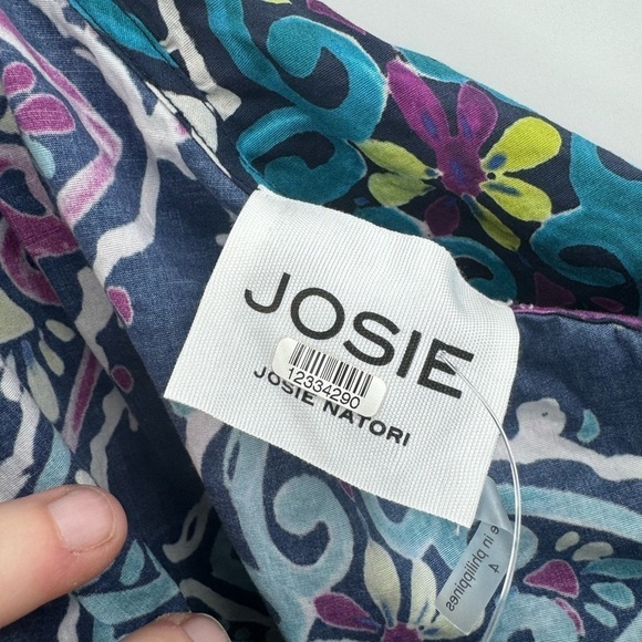 Josie Natori Festive Blue Paisley Retro Floral One Shoulder Women 4 Ruffle Dress - Picture 5 of 14